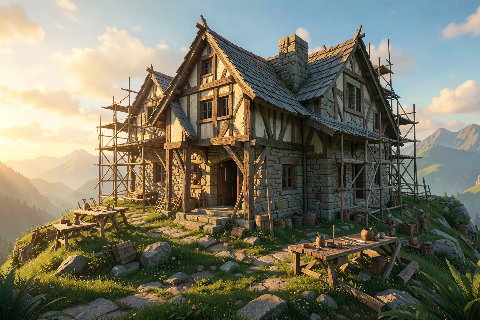 Casa medieval de madera y piedra en construcción con andamios y mesas de trabajo sobre una colina verde al atardecer