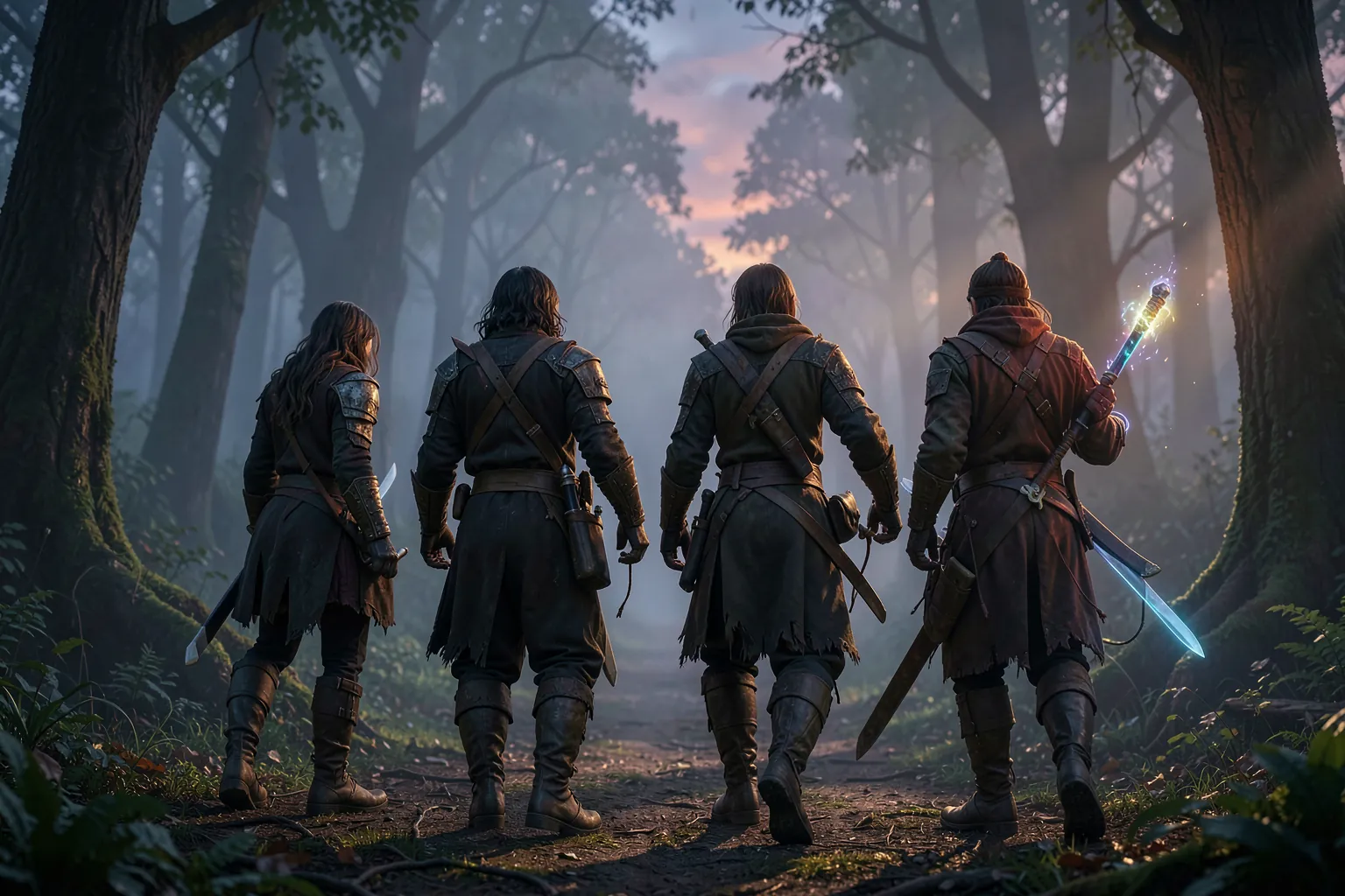 Grupo de cuatro aventureros de fantasía con espadas, arcos y un bastón mágico caminando juntos por un bosque con niebla al anochecer