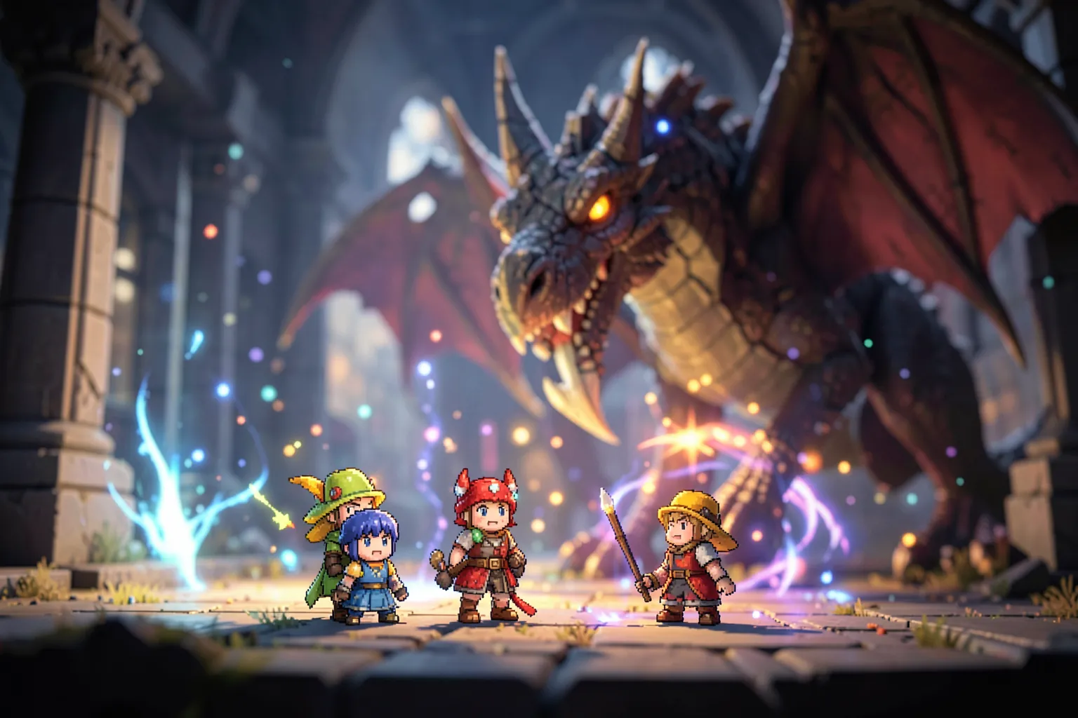Cuatro pequeños héroes de fantasía frente a un dragón gigante en un templo en ruinas con efectos de luz mágica, en estilo de diorama de píxel