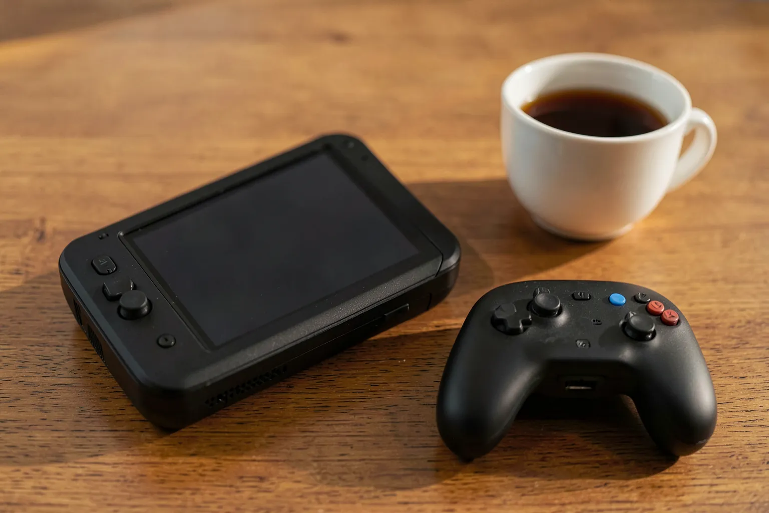 Consola portátil negra sin marcas y mando inalámbrico sobre un escritorio de madera junto a una taza de té, con luz cálida de tarde