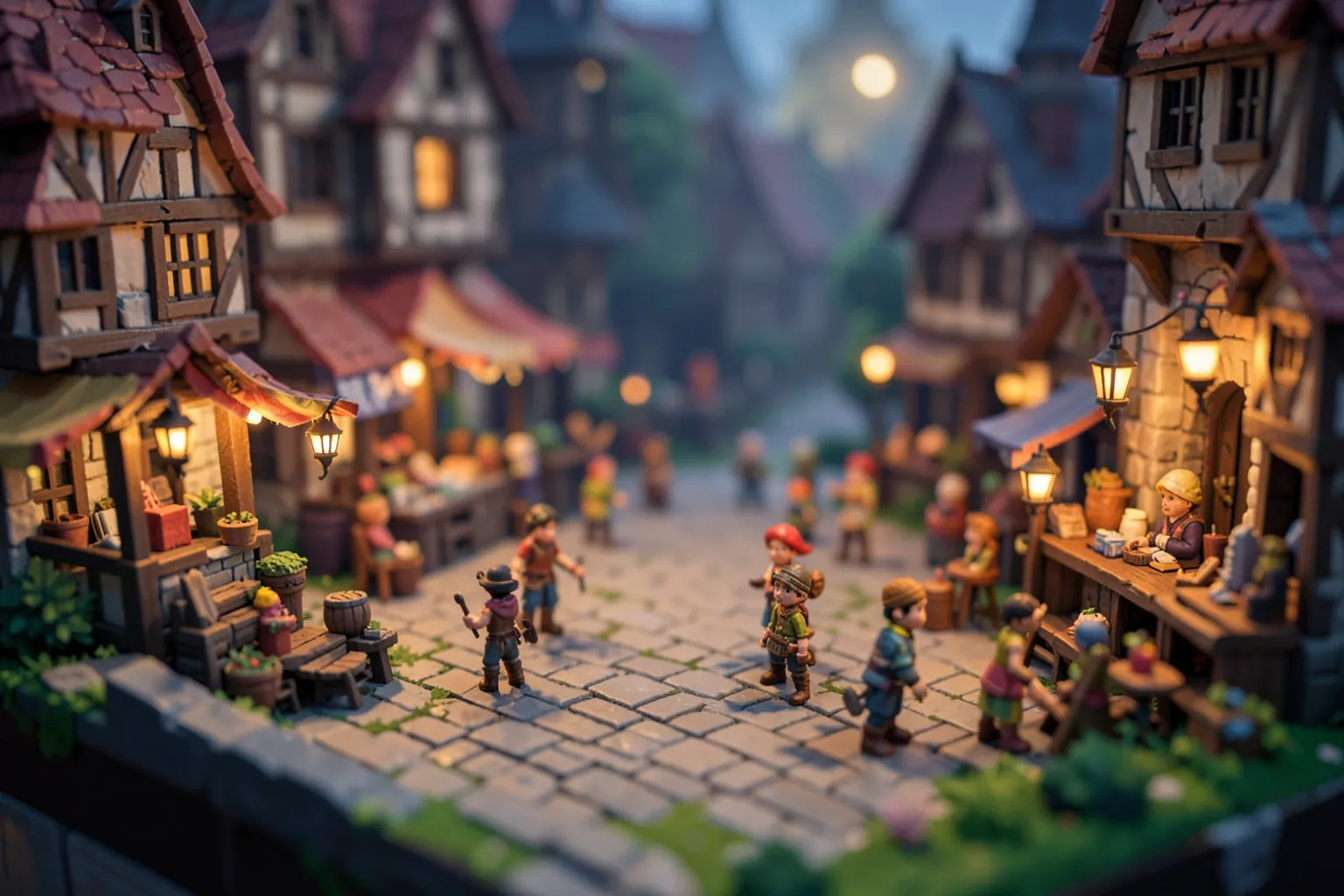 Plaza de un pueblo medieval de fantasía con puestos de mercado, farolillos y pequeños aventureros, en estilo de diorama de píxel HD-2D