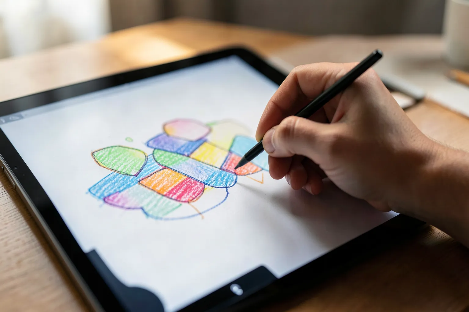 Mano dibujando con un lápiz óptico sobre una tableta grande con un boceto de colores abstractos en la pantalla