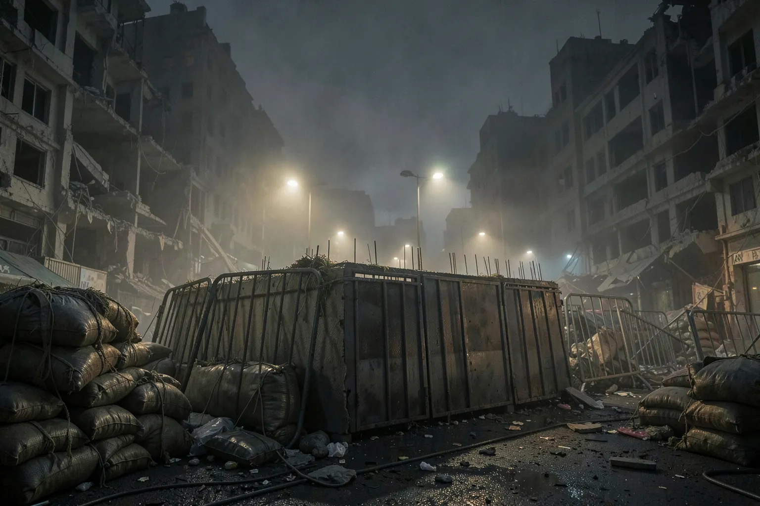 Barricada iluminada por focos en una plaza nocturna rodeada de edificios derruidos y niebla