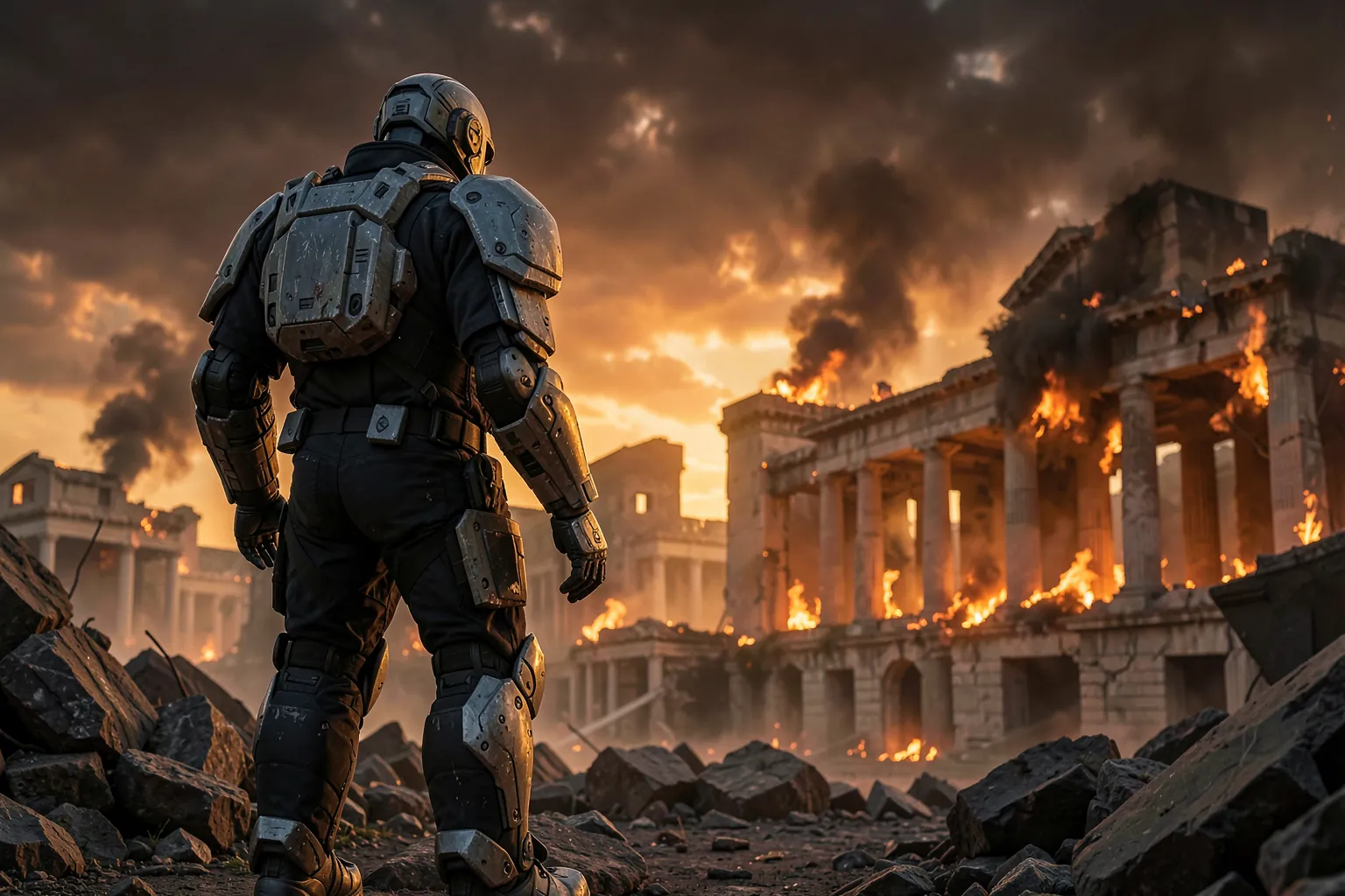 Soldado con armadura pesada de espaldas frente a una ciudad en ruinas envuelta en humo y luz de atardecer