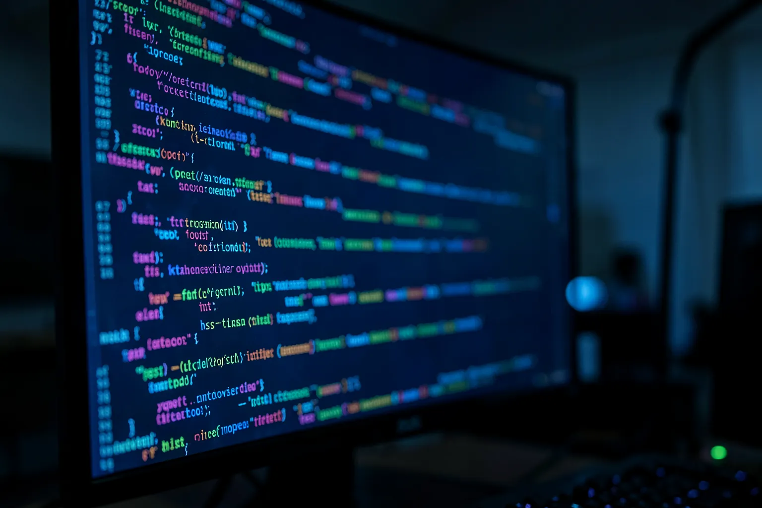 Pantalla grande con líneas de código de colores en un despacho a oscuras iluminado por la luz azul del monitor