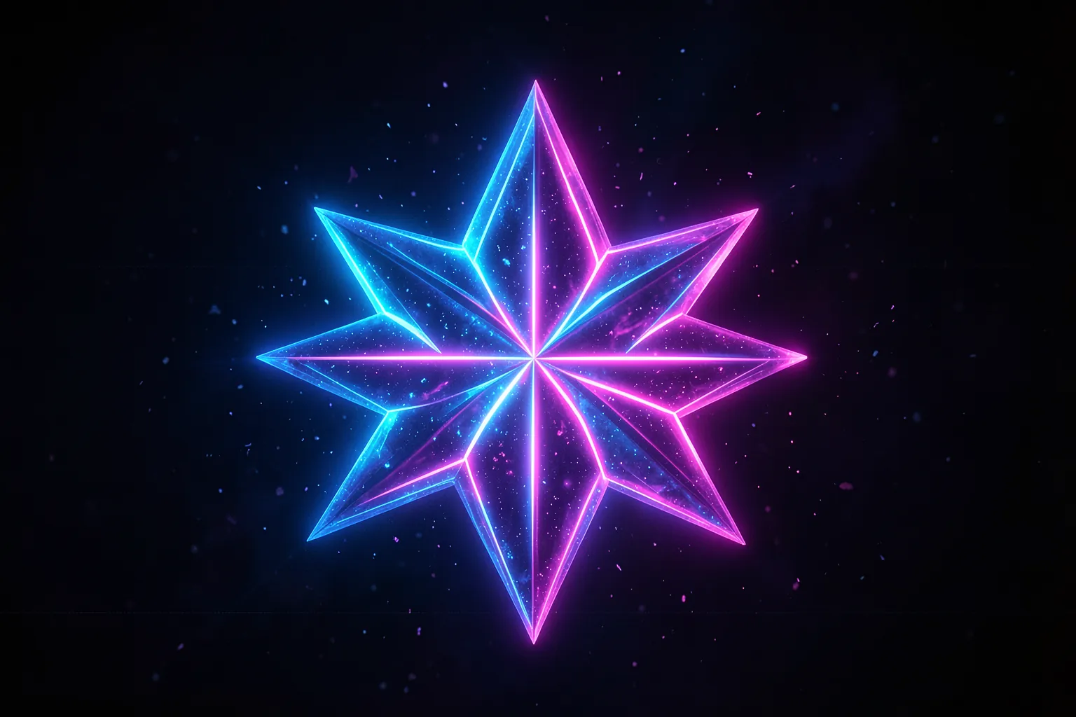 Estrella abstracta luminosa de luz azul, morada y rosa en un espacio oscuro con partículas