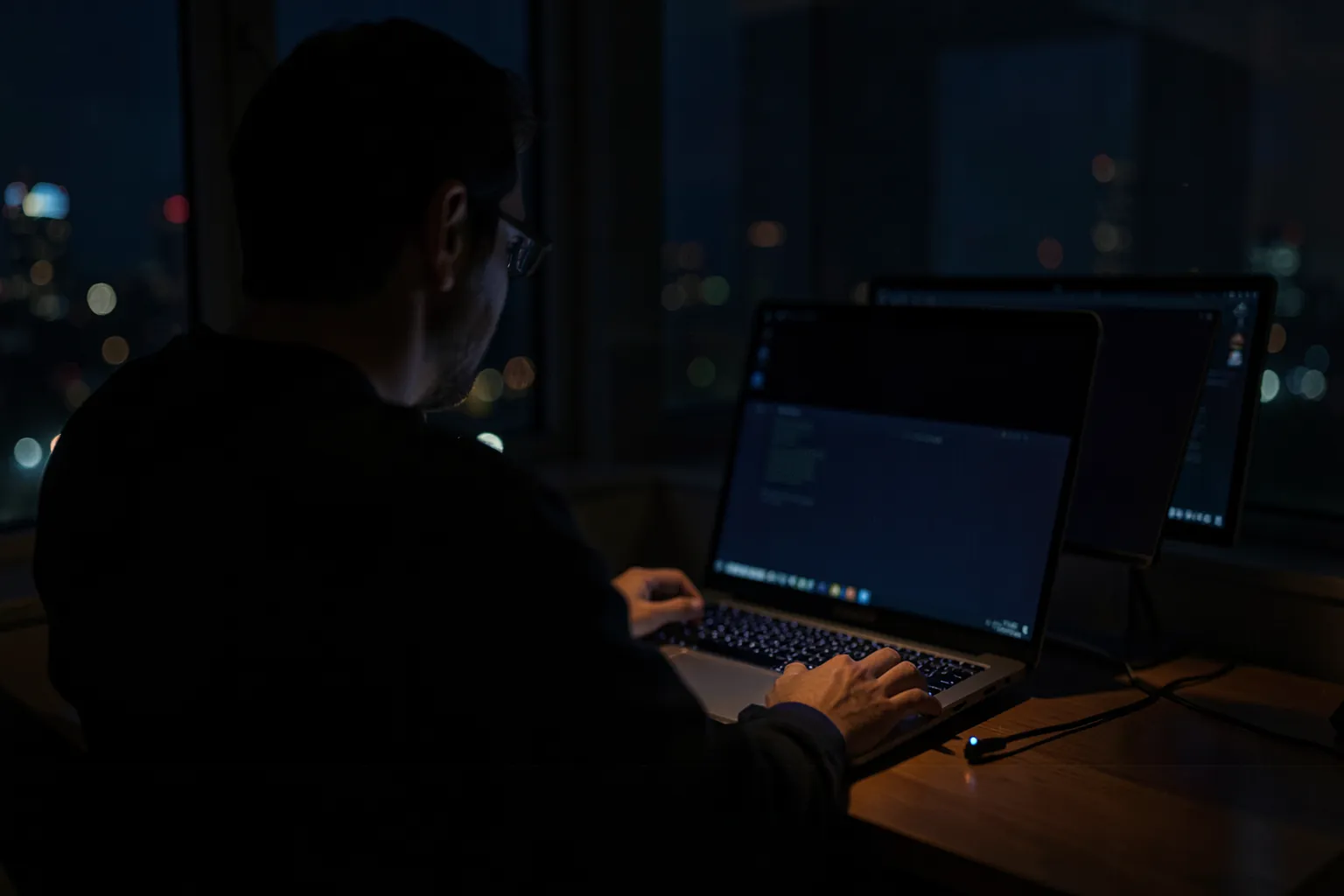 Persona programando de noche con un portátil visto desde detrás, con la pantalla no visible y luces de la ciudad por la ventana
