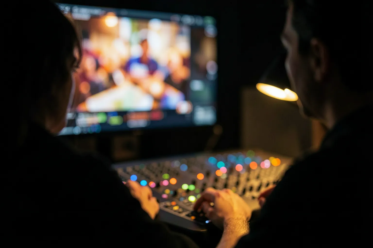 Persona editando vídeo en una sala oscura con un monitor de referencia
