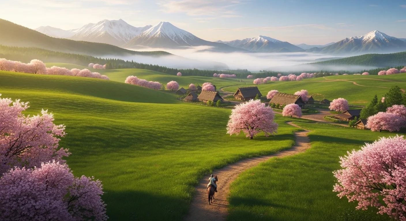 Paisaje del mundo abierto de Ghost of Yotei en la región de Ezo con el Monte Yotei al fondo