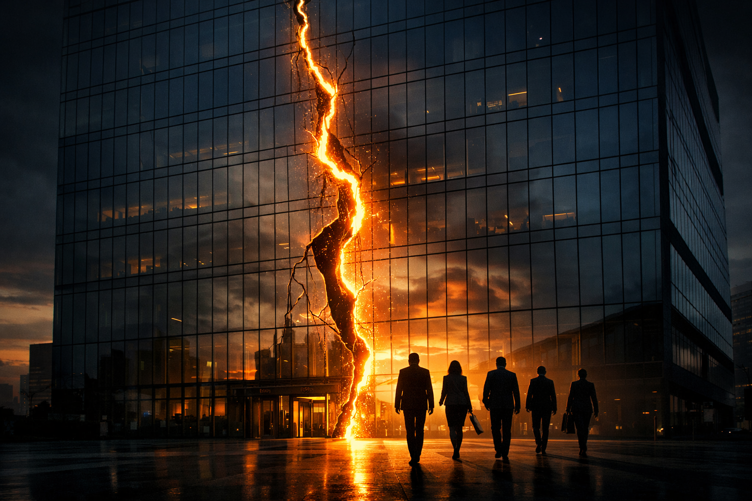 Ilustración conceptual del terremoto directivo en Google DeepMind con el edificio corporativo agrietado y siluetas de ejecutivos separándose