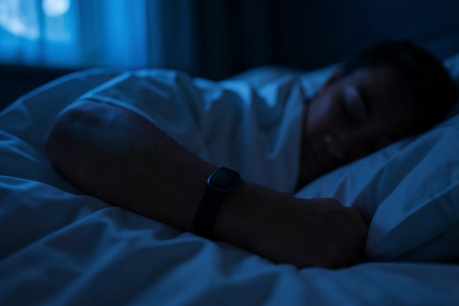 Persona durmiendo de noche con el brazo sobre un edredón blanco y una pulsera de actividad en la muñeca