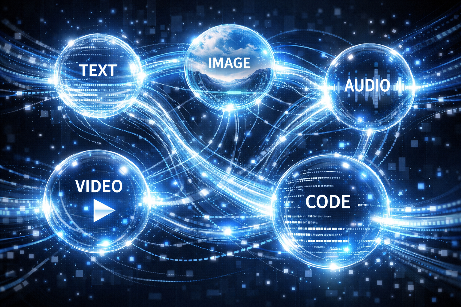 Diagrama de las capacidades multimodales de Gemini 3: texto, imagen, audio, vídeo y código