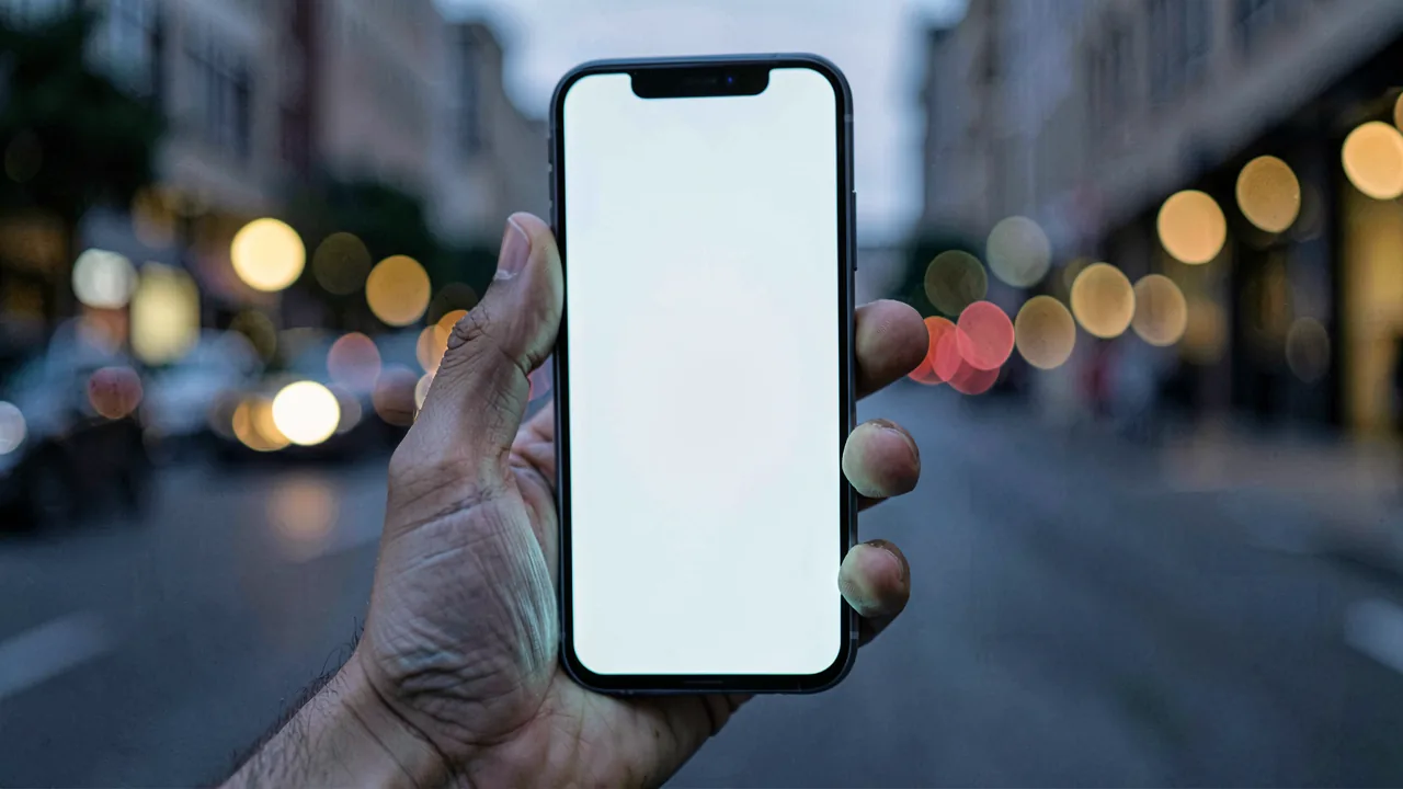 Mano sosteniendo un teléfono móvil con la pantalla encendida en una calle al anochecer con luces desenfocadas al fondo
