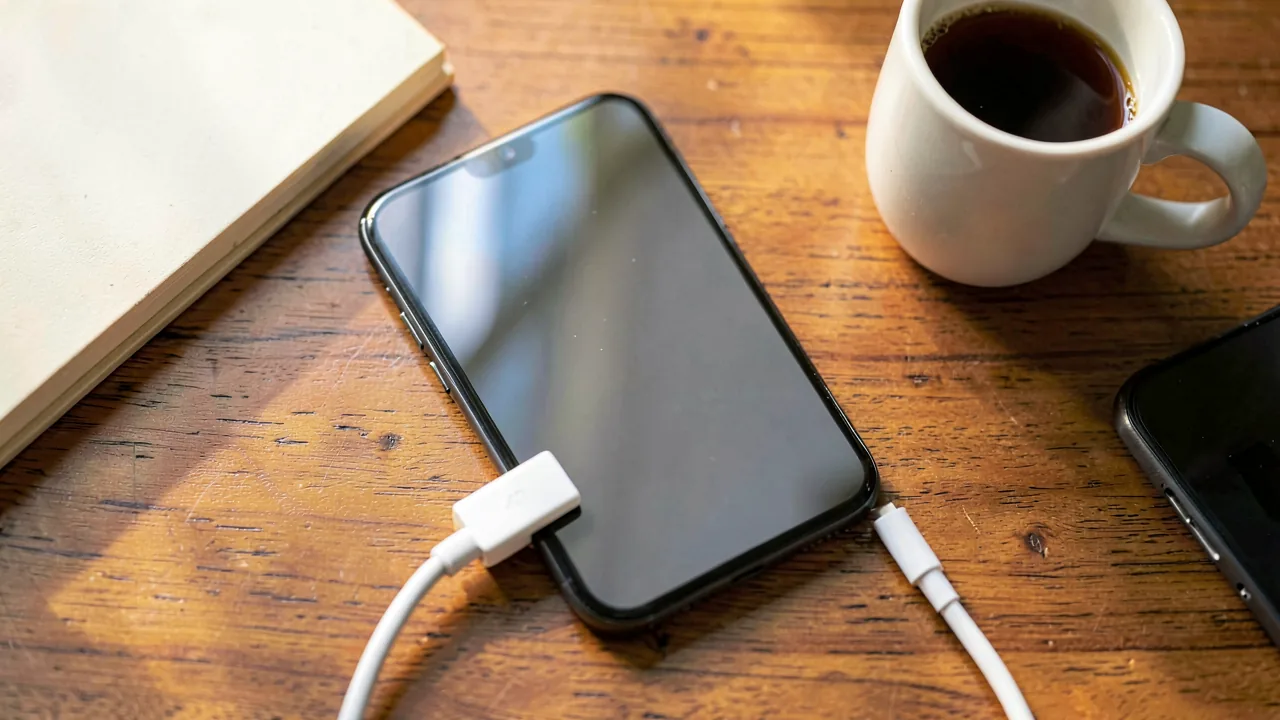 Teléfono móvil sobre un escritorio de madera conectado a un cable de carga USB-C blanco junto a una libreta y una taza de café