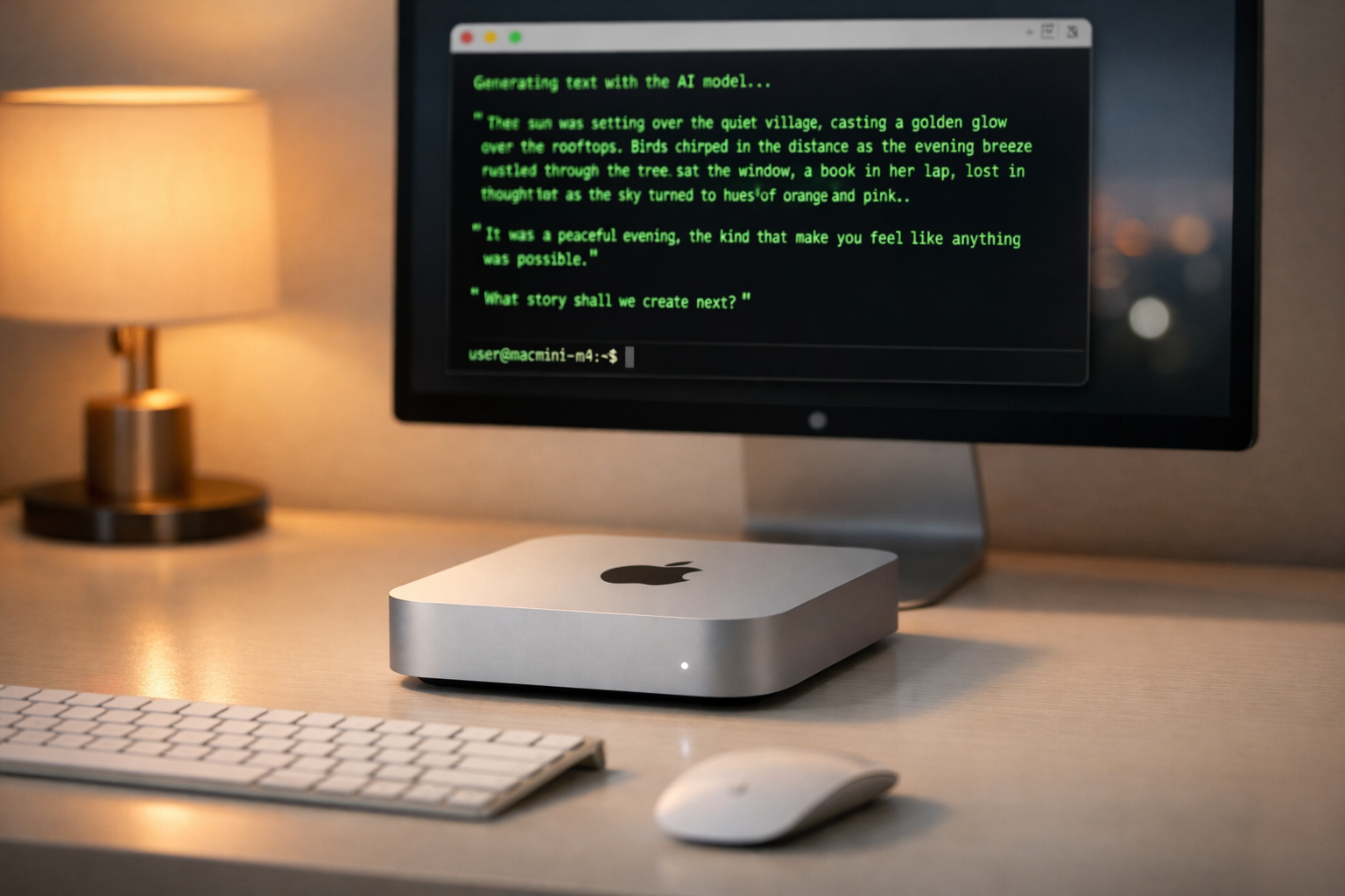Mac mini M4 ejecutando modelos de IA local en escritorio minimalista