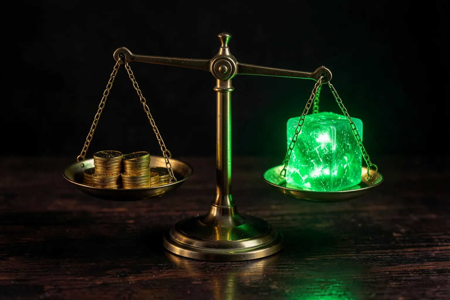 Balanza de latón con monedas de oro en un plato y un cubo de luz verde en el otro sobre una mesa oscura