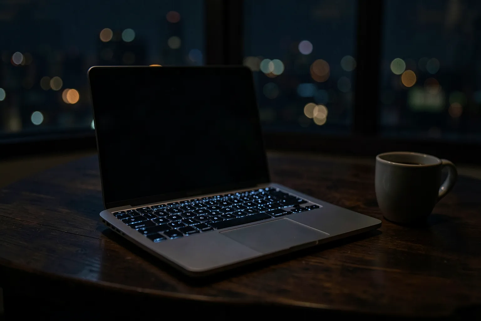Portátil abierto con la pantalla apagada y el teclado iluminado sobre una mesa de madera de noche, junto a una taza, con luces de la ciudad al fondo