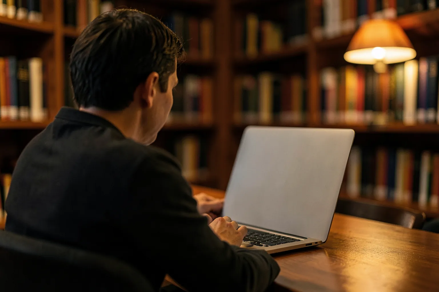 Estudiante en una biblioteca, visto desde detrás, trabajando con un portátil plateado sin marcas, con lámparas cálidas y estanterías de libros