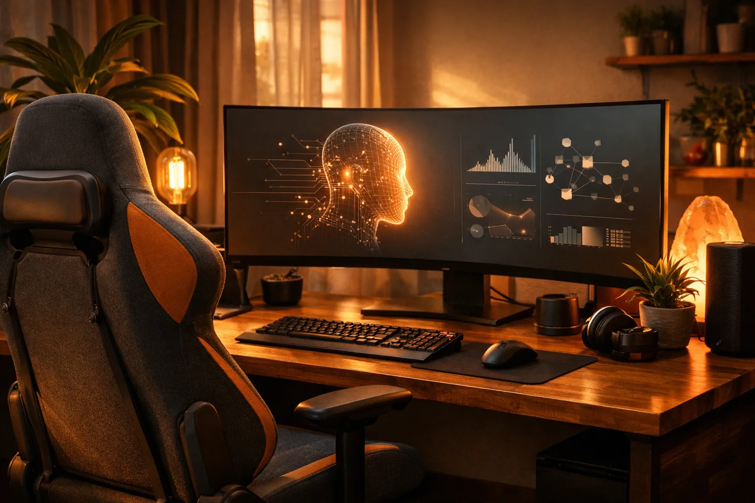 Setup de escritorio para desarrollo con IA: silla ergonómica, monitor y ratón profesional