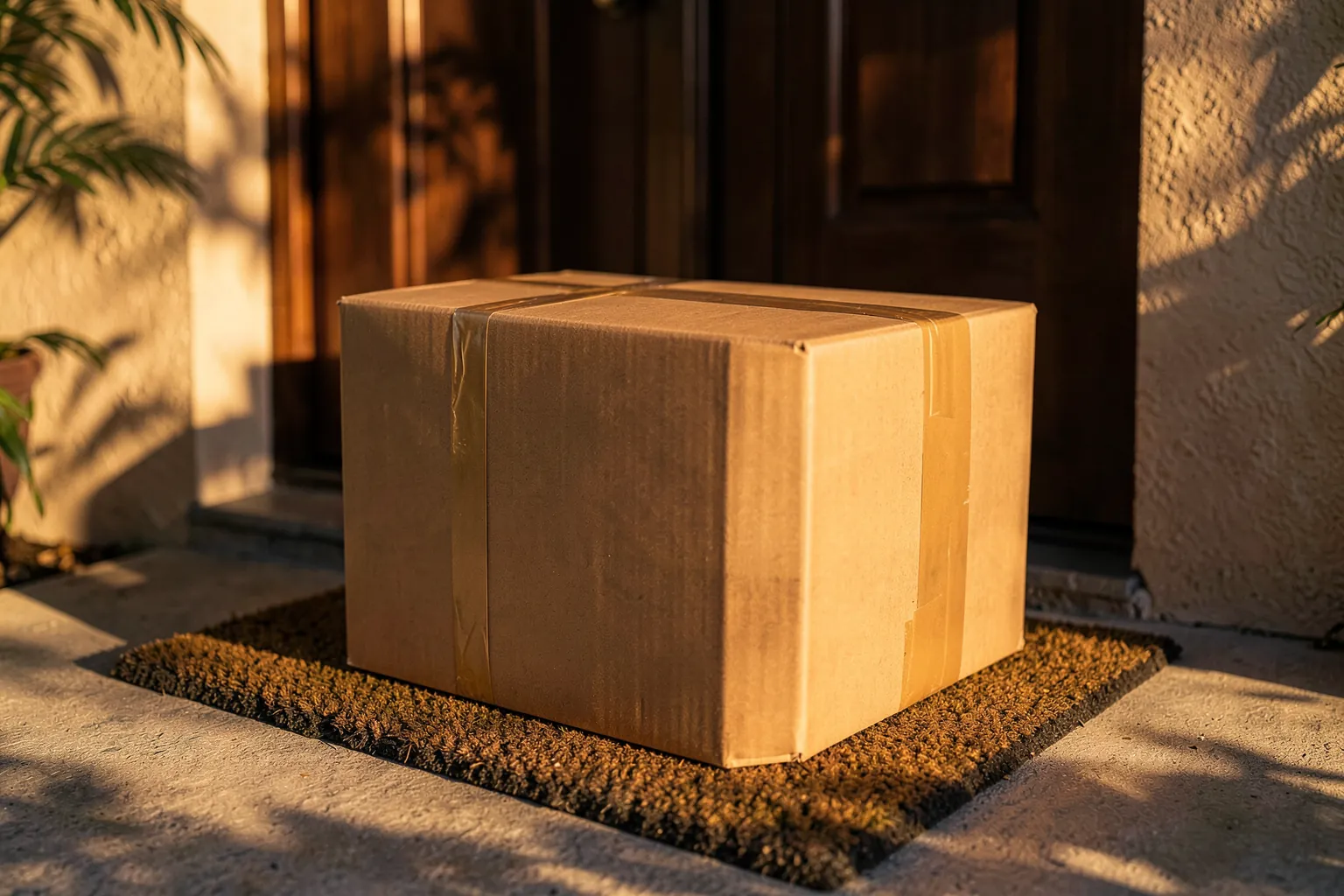 Caja de cartón grande cerrada con cinta adhesiva sobre el felpudo de la entrada de una casa al atardecer
