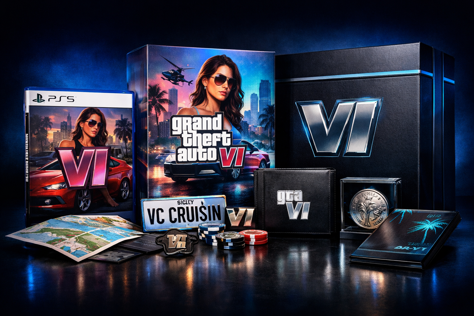 Ediciones Standard, Deluxe y Ultimate de GTA VI con packaging premium sobre fondo oscuro