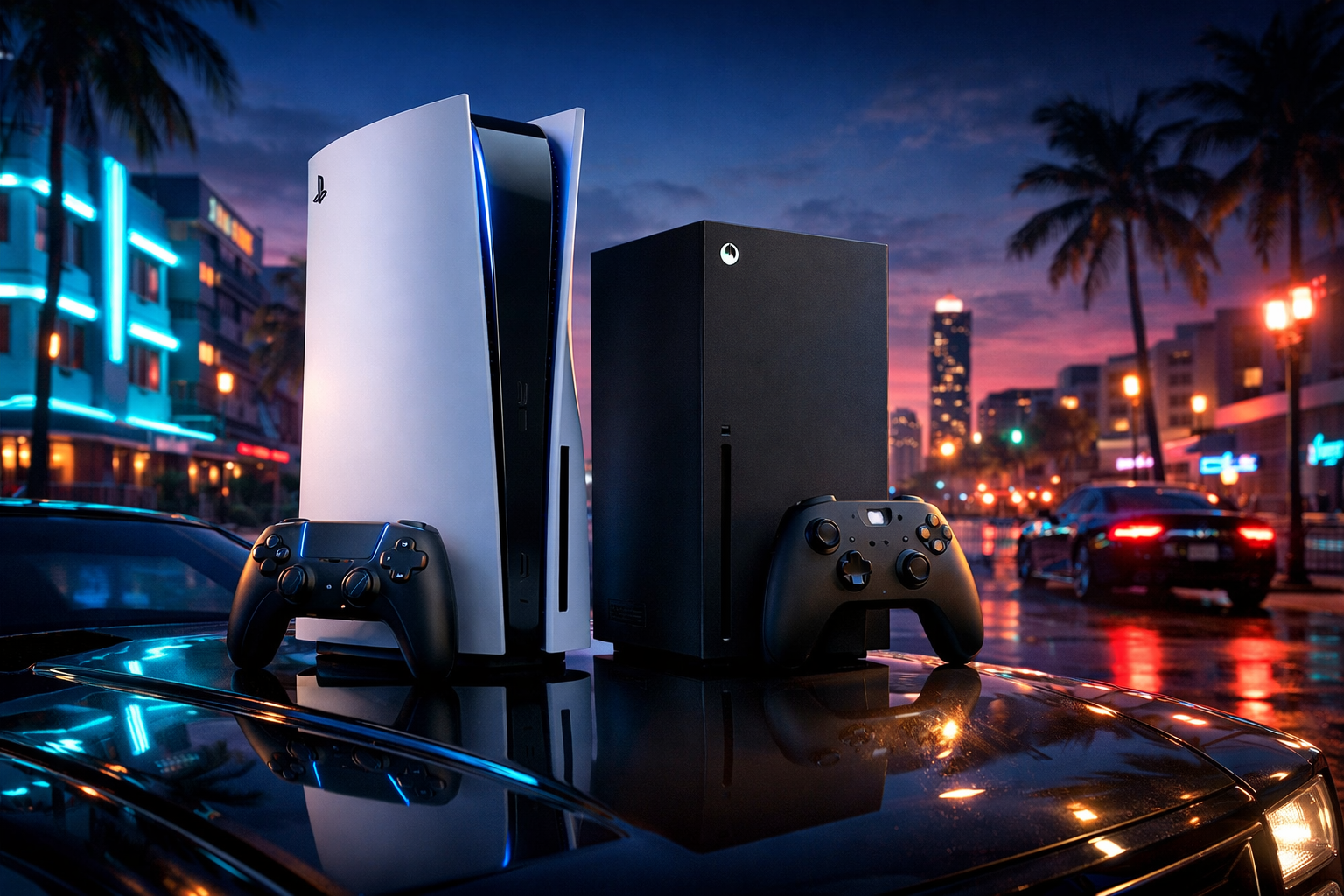 Consolas PlayStation 5 Pro y Xbox Series X junto a una escena urbana estilo Vice City