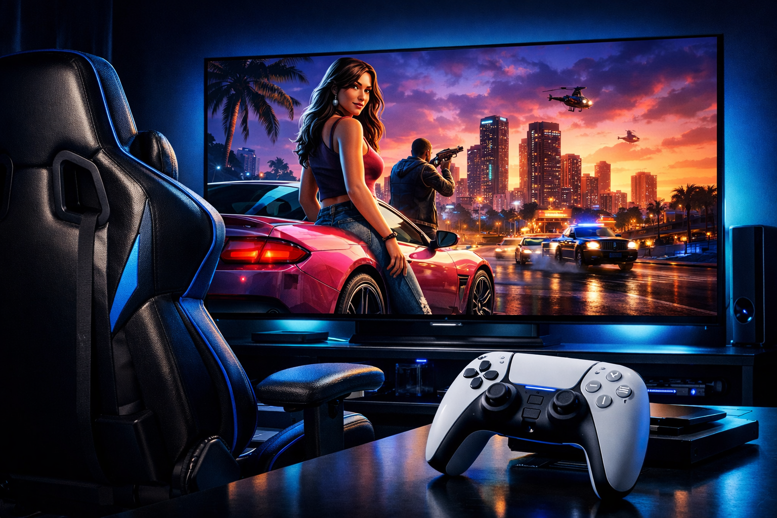 Setup gaming completo con TV OLED 4K, silla gaming premium y mando DualSense para jugar GTA VI