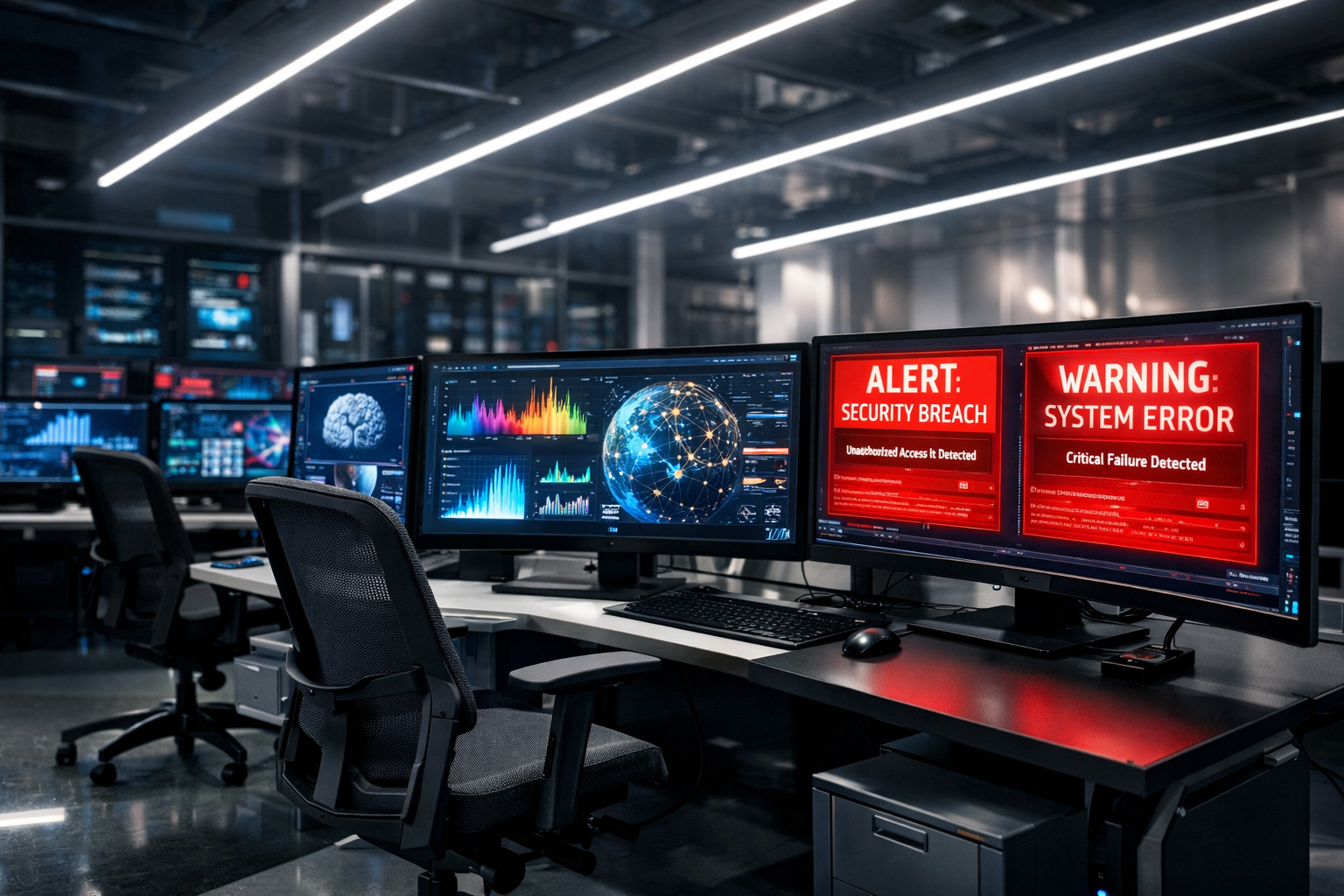 Sala de evaluación de red teaming para modelos frontera de IA con múltiples monitores mostrando trazas de ejecución