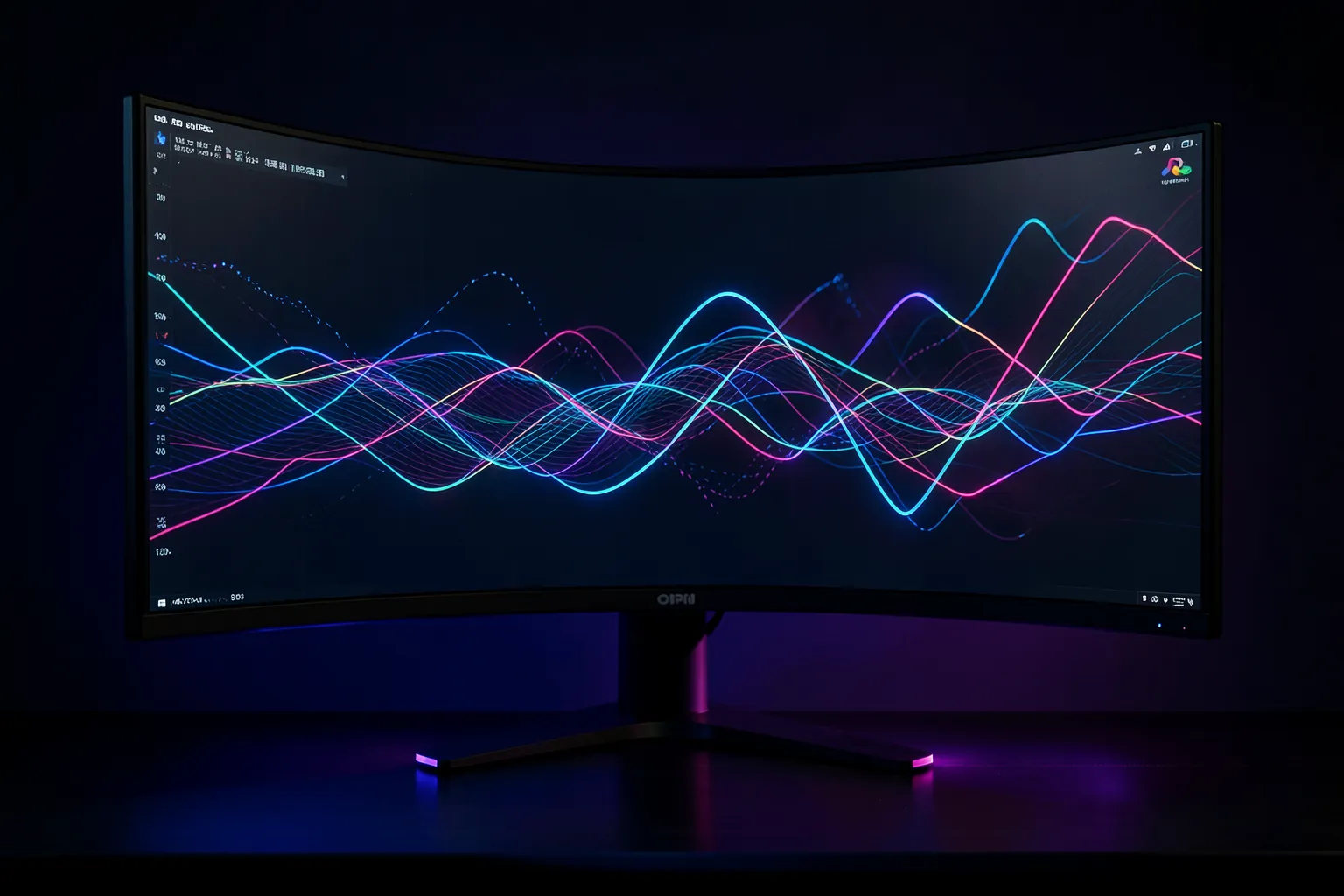 Monitor curvo de alta frecuencia mostrando gráficos de rendimiento