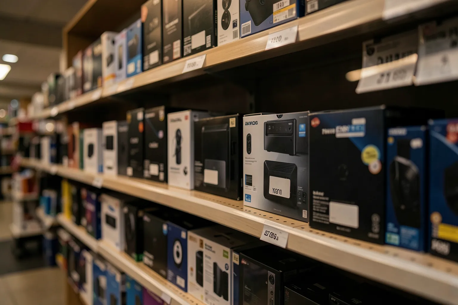 Estanterías de tienda de tecnología con etiquetas de precio
