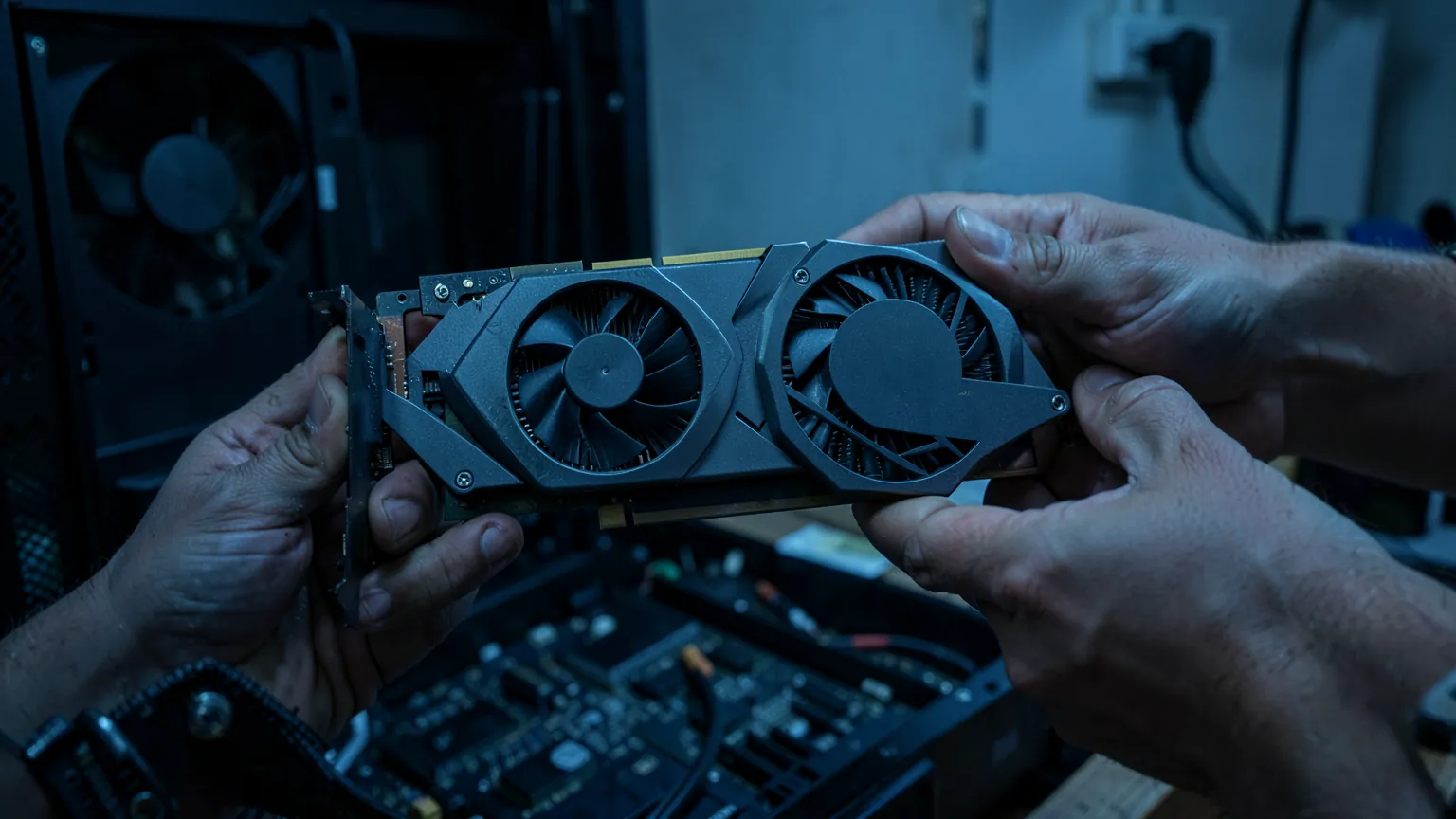 Manos sujetando una tarjeta gráfica de dos ventiladores sobre un PC de sobremesa abierto con luz azulada