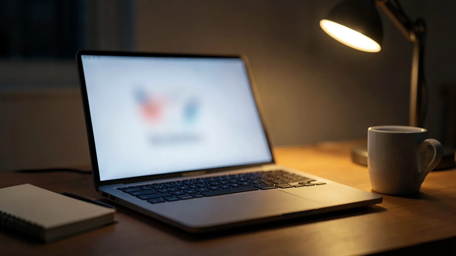 Portátil abierto sobre un escritorio de noche con la pantalla desenfocada y luz de flexo cálida