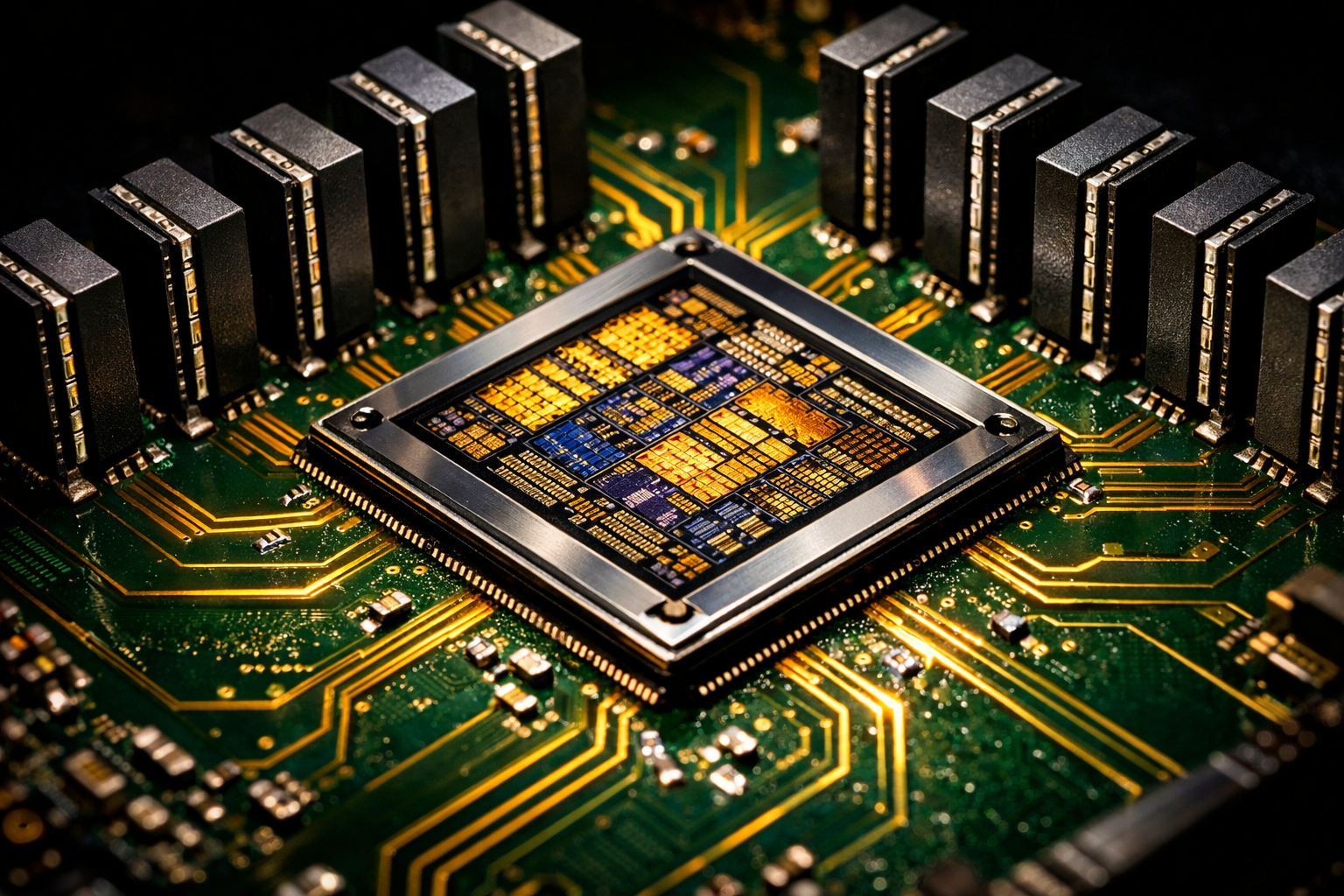 Render conceptual del die Xe3P de Intel Crescent Island rodeado por múltiples chips de memoria LPDDR5X