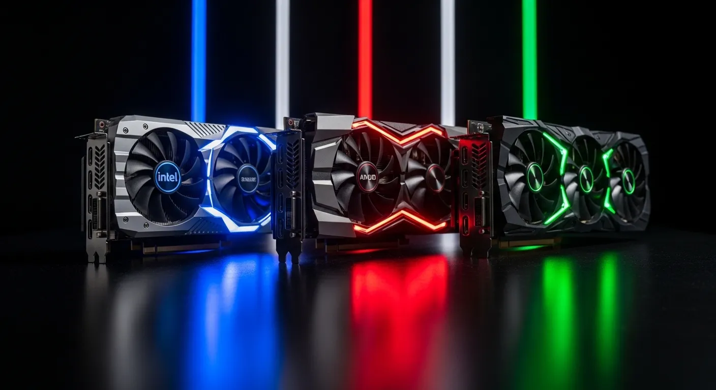 Comparativa visual del mercado de GPUs en 2026: Intel Arc, NVIDIA GeForce y AMD Radeon compitiendo