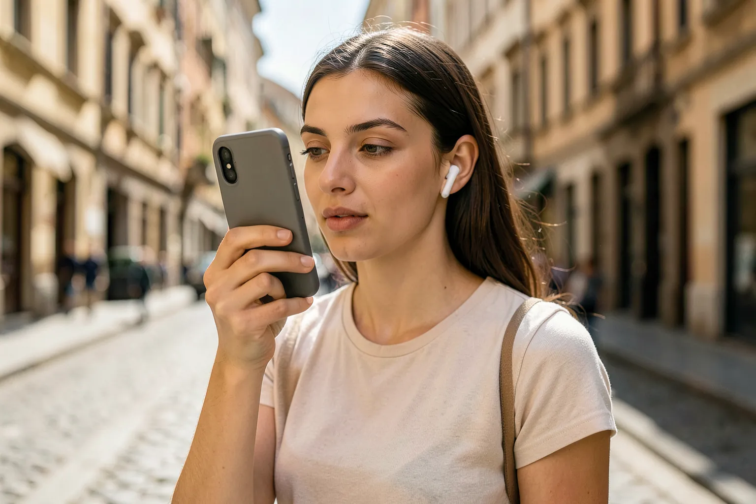 Mujer joven caminando por una calle soleada de una ciudad europea hablando con su móvil y con un auricular blanco