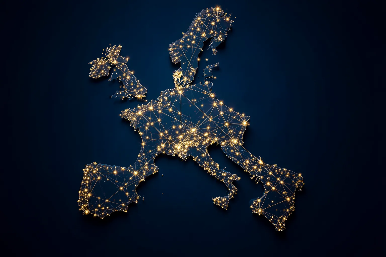 Composición abstracta de puntos de luz dorados unidos por líneas finas sobre fondo azul oscuro con la forma del continente europeo