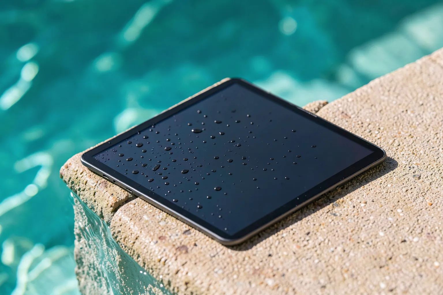 Tableta oscura con gotas de agua sobre la pantalla en el borde de una piscina en un día soleado