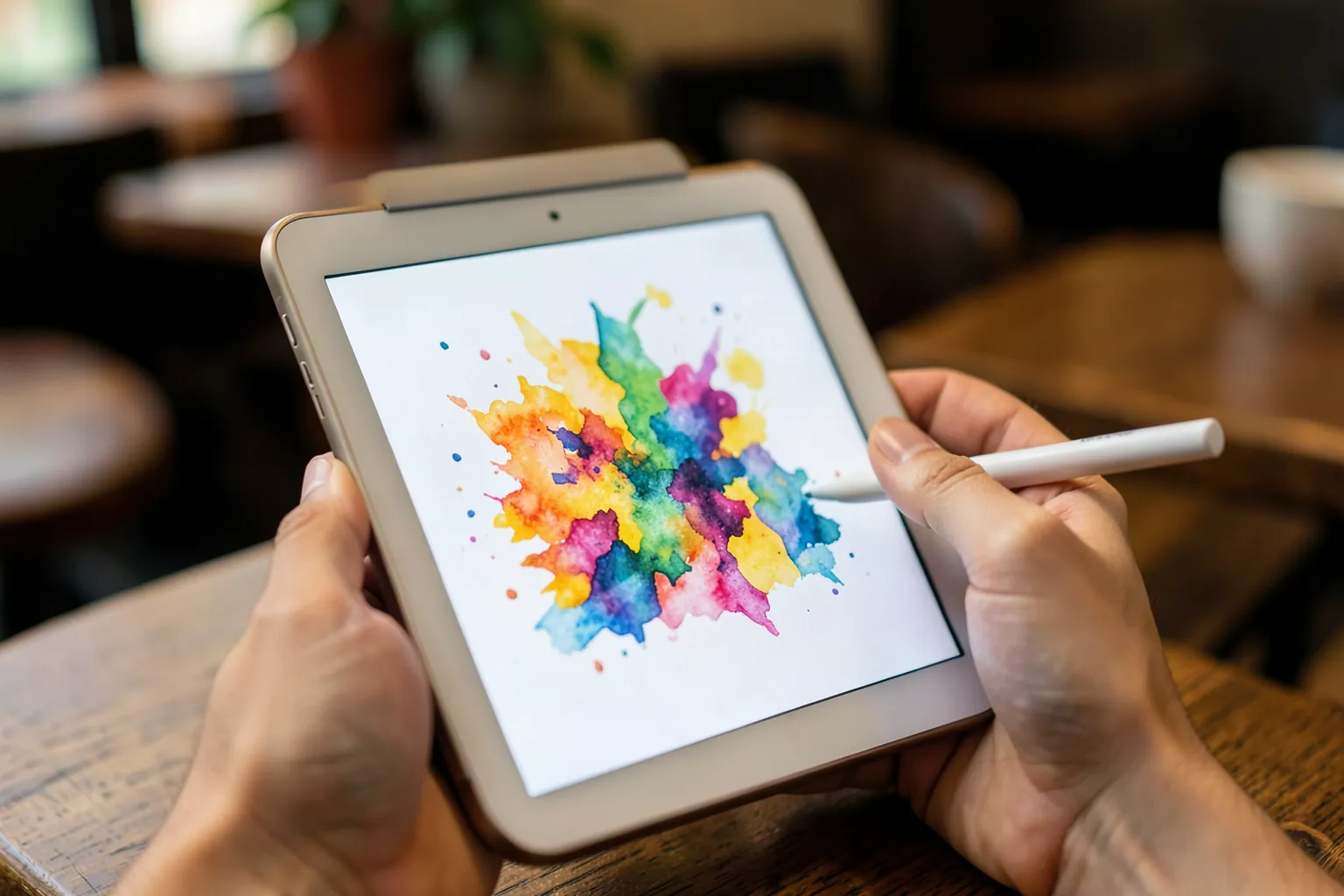 Mano dibujando con un lápiz blanco sobre una tableta pequeña que muestra una acuarela abstracta de colores