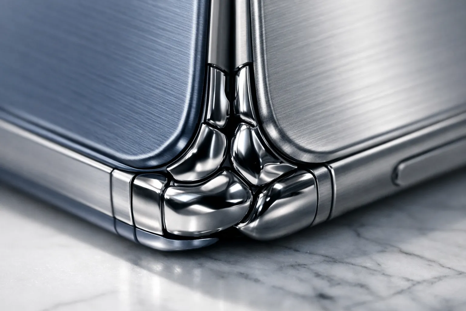 Detalle de la bisagra de metal líquido del iPhone Ultra plegable