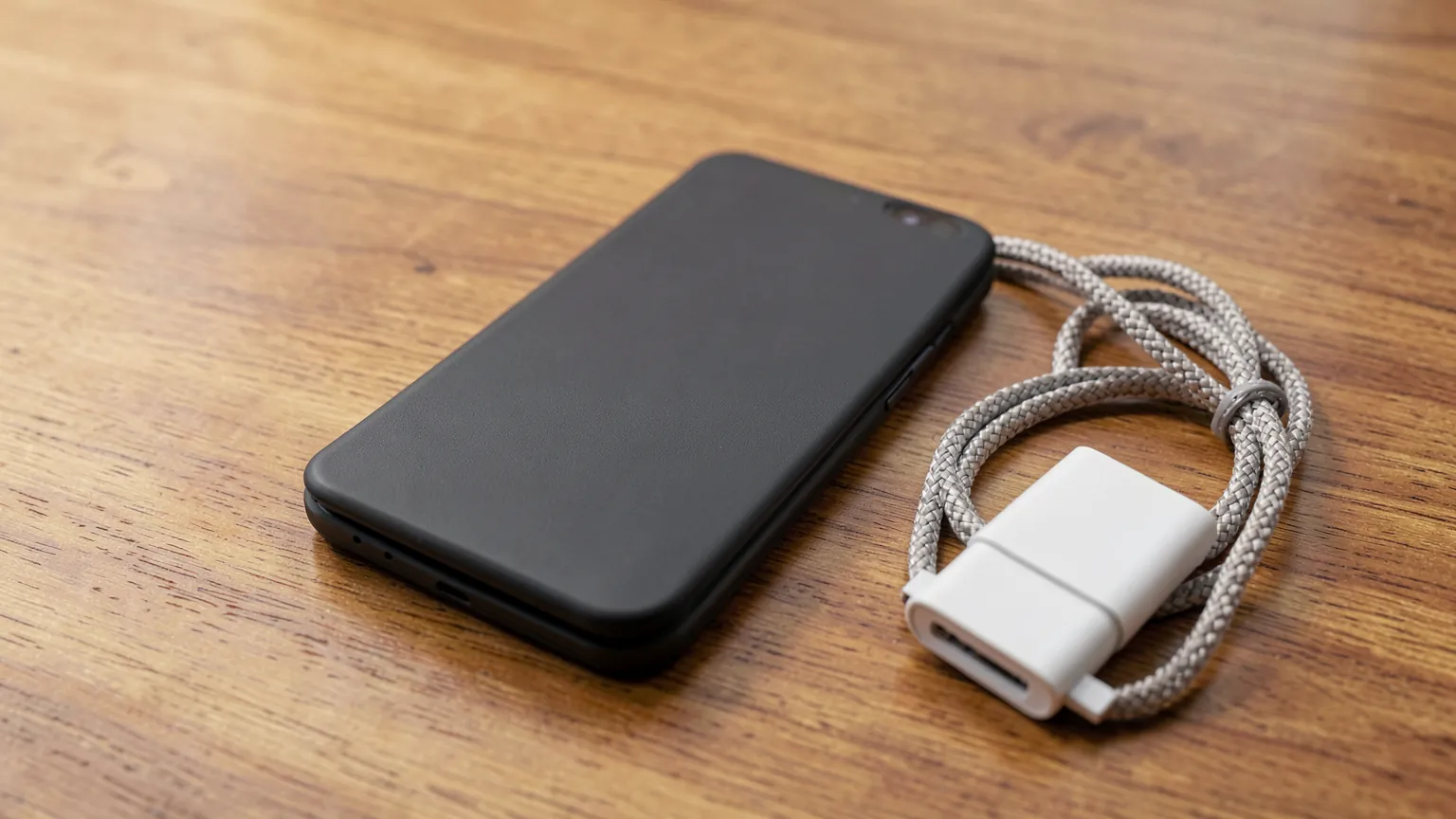 Cargador compacto y cable trenzado junto a un teléfono plegable cerrado sobre una mesa de madera