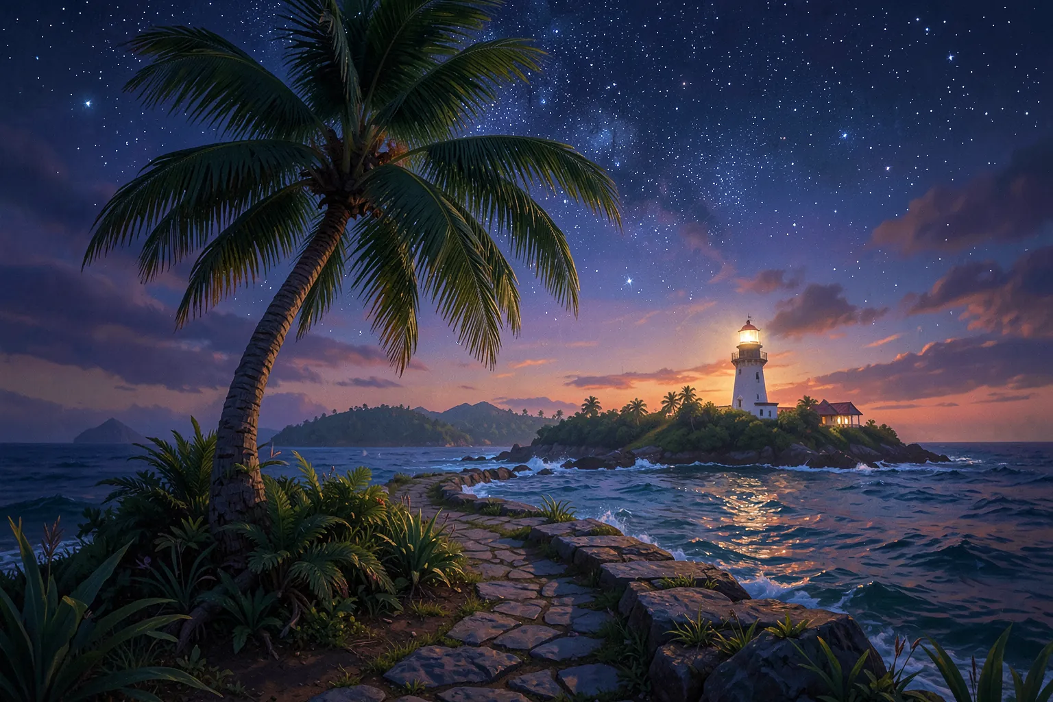 Isla tropical al atardecer con una palmera curvada y un camino de piedras hacia un faro lejano bajo un cielo de estrellas