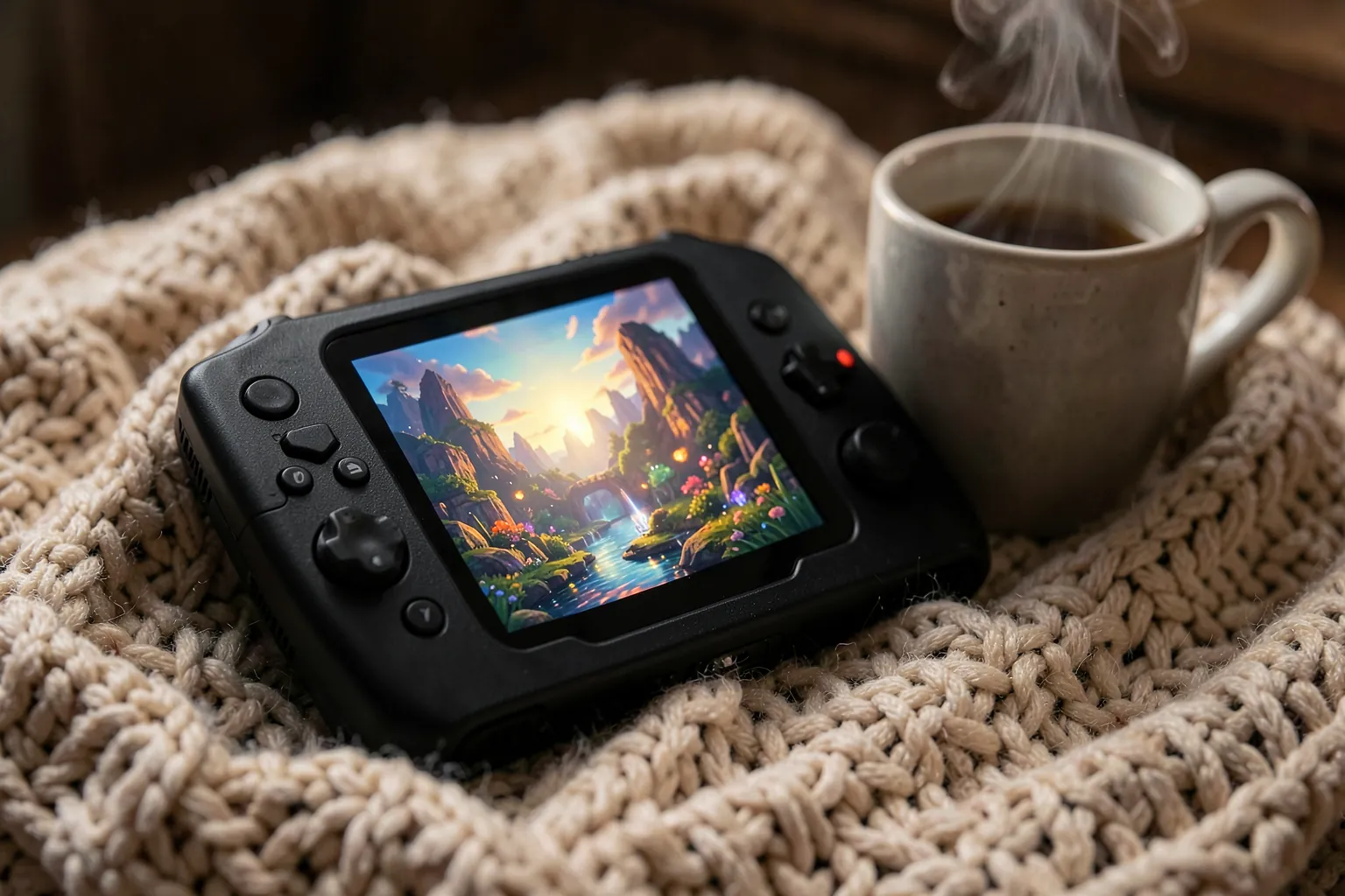 Consola portátil negra sin marcas con un paisaje de fantasía en la pantalla sobre una manta junto a una taza humeante