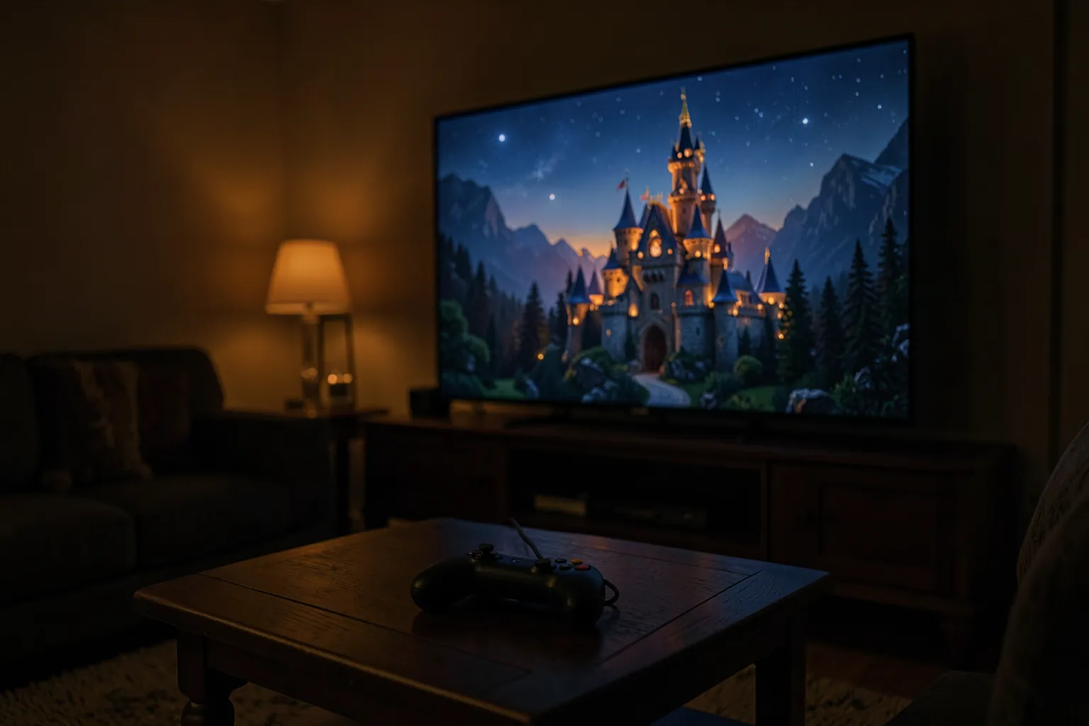 Salón en penumbra con una gran televisión que muestra un castillo de fantasía y un mando de consola sobre la mesa baja