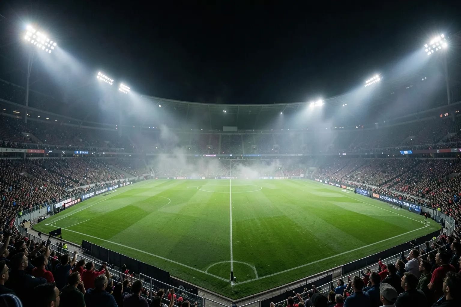 Estadio de fútbol de noche con los focos encendidos y el césped verde visto desde la grada
