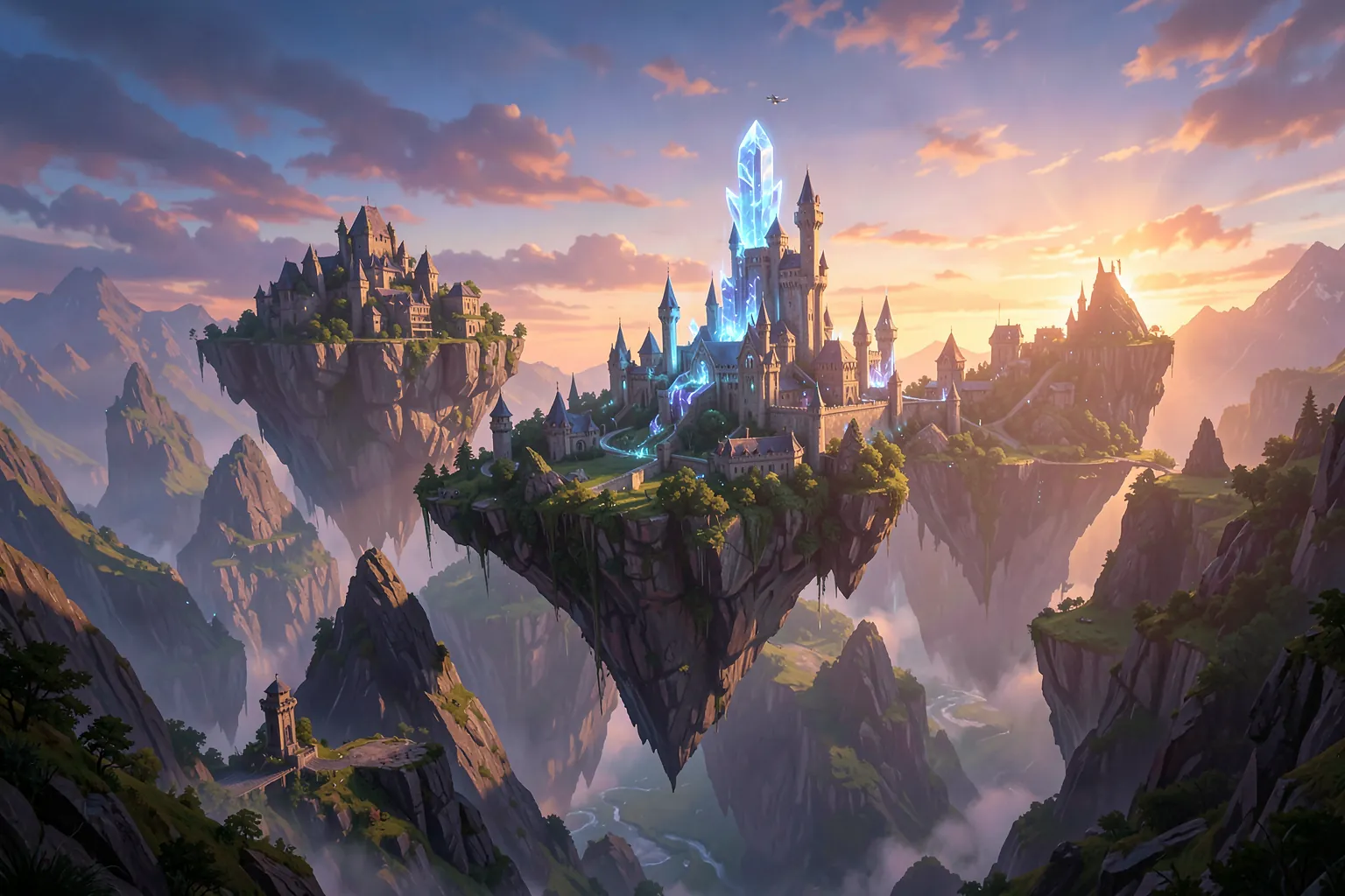 Reino de fantasía con islas flotantes y una torre de cristal brillante al amanecer