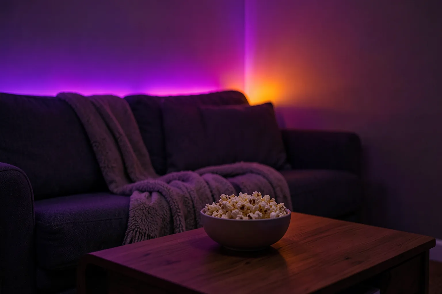 Rincón de juego acogedor con un sofá gris, una manta y un cuenco de palomitas iluminado con luz morada y naranja