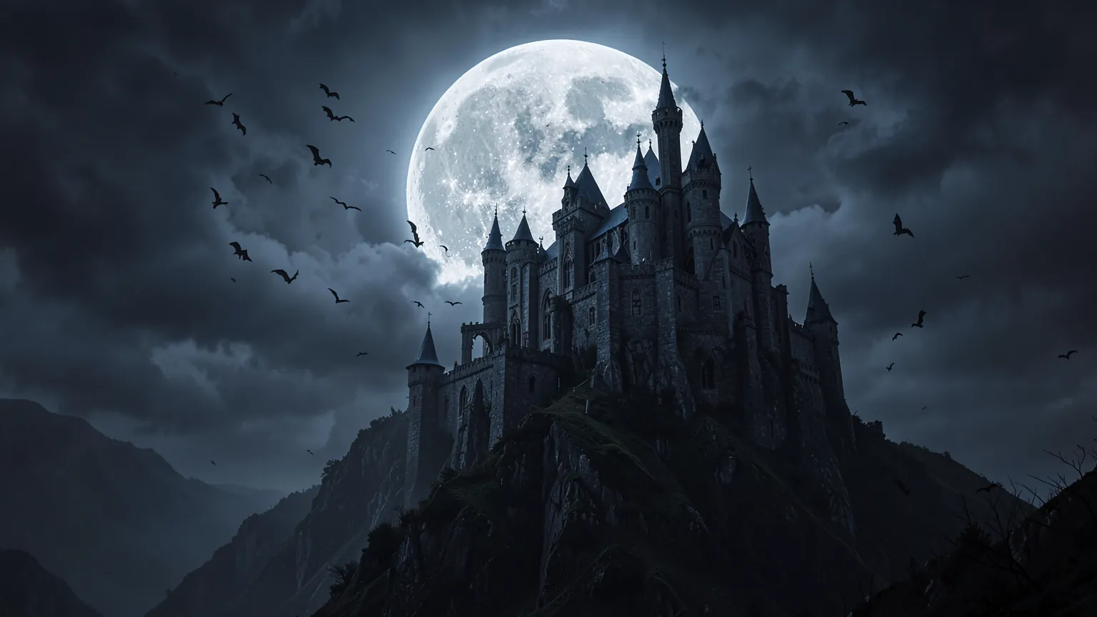 Castillo gótico en lo alto de una colina bajo una luna llena entre nubes oscuras, con murciélagos en el cielo