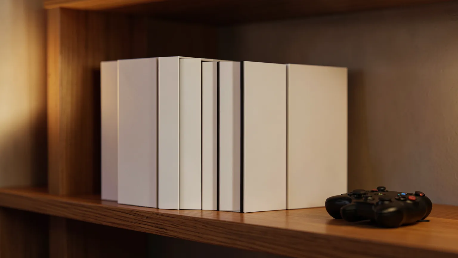 Estantería con varias cajas de videojuegos sin carátula visible junto a un mando de consola, con luz cálida de salón
