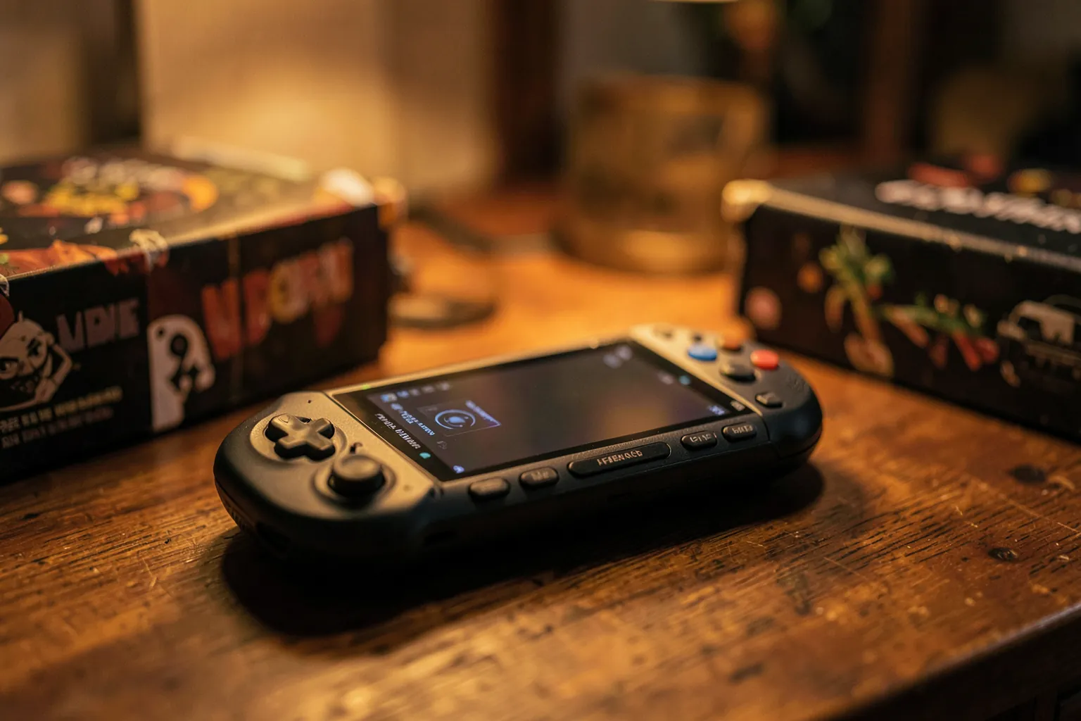 Consola portátil híbrida sobre una mesa con varios juegos alrededor