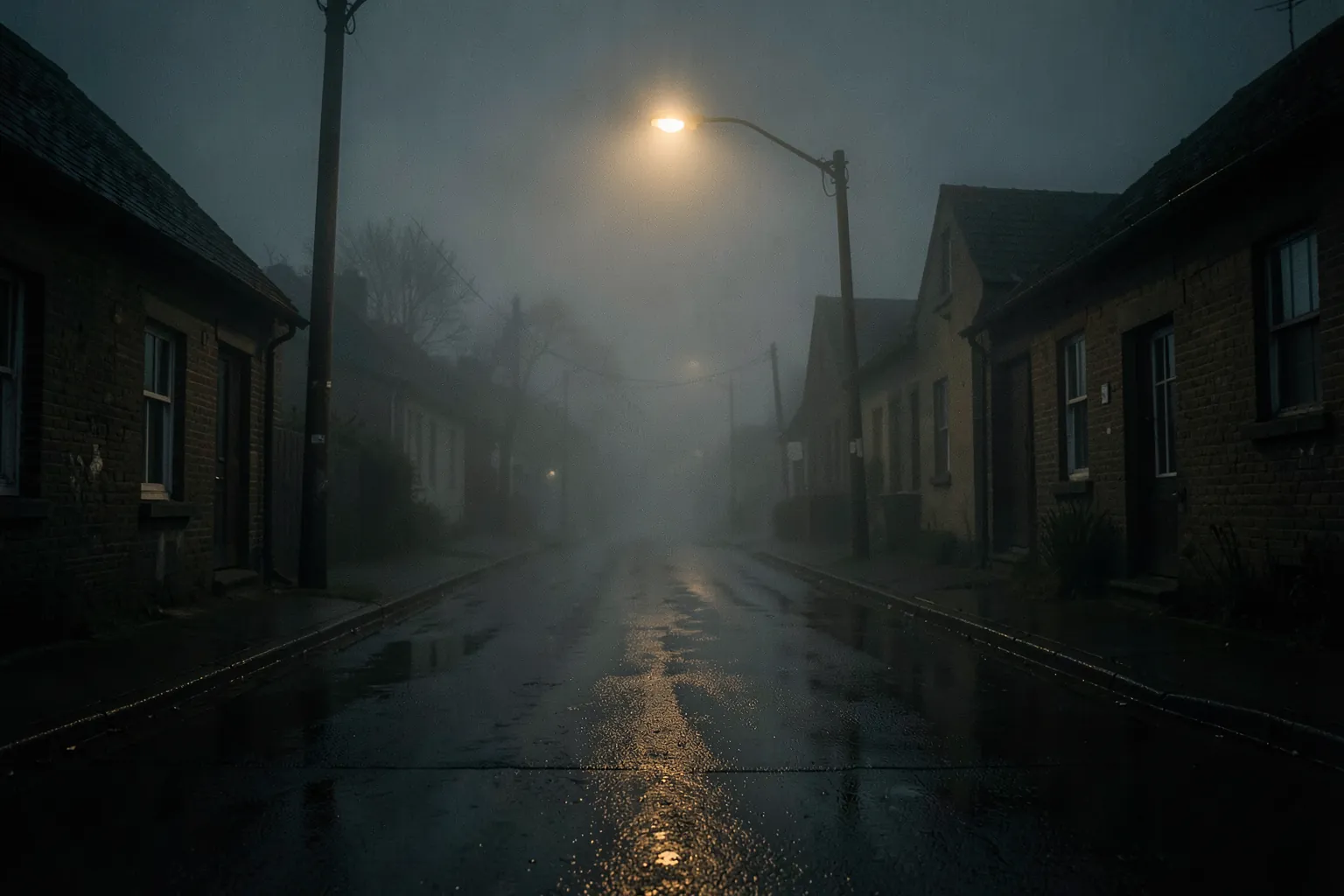 Calle envuelta en niebla con una farola solitaria y atmósfera inquietante